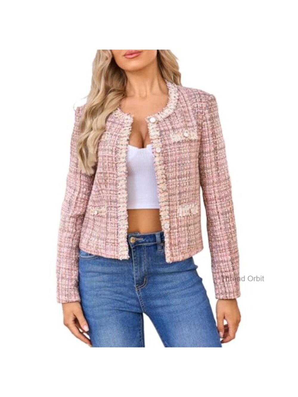 Womens Cropped Tweed Blazer Long Sleeve Crewneck Open Front Plaid Business